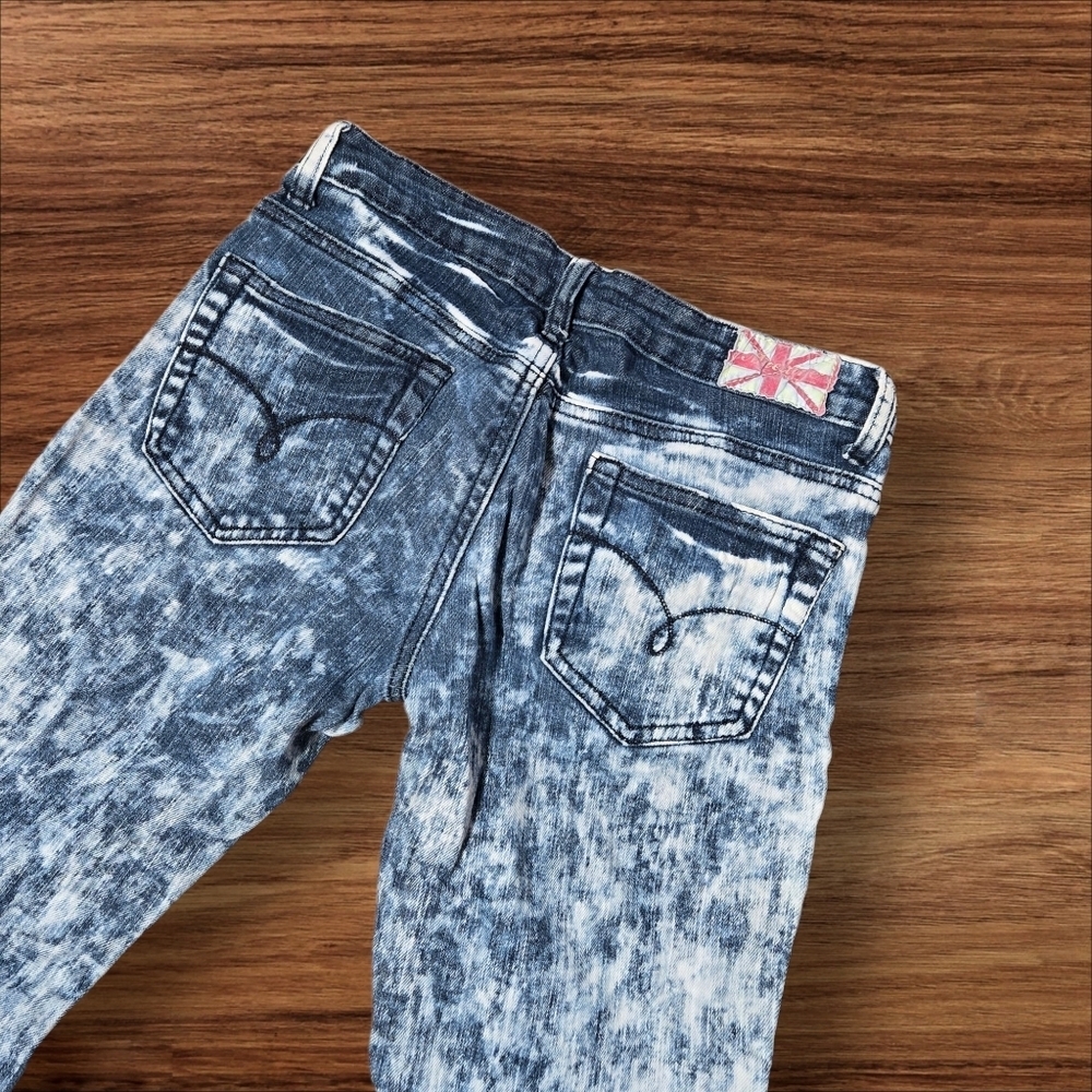 Machine Denim Disressed Acid Washed Ultra Low Rise Jeans - Picture 5 of 7